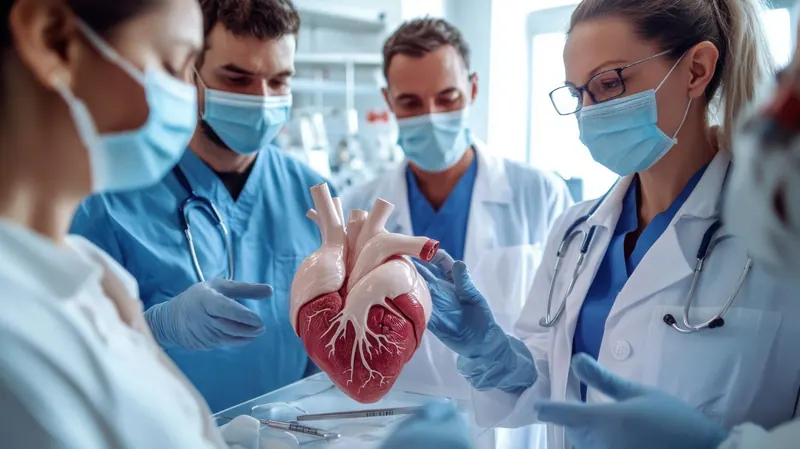 Medical team studying an anatomical heart model